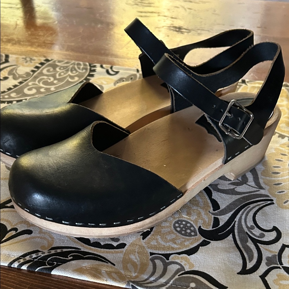 Swedish Hasbeens 39 Black Leather Mary Jane Women's Sandals